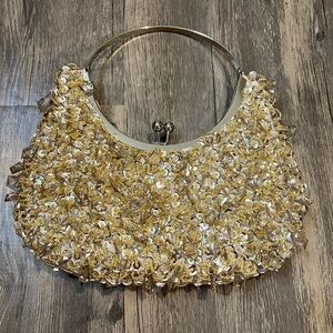 Prezzo Gold Crystal Sequin Beaded Handbag Crescent Round Handle Kiss Lock Glam